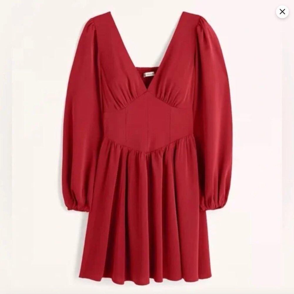 Abercrombie & Fitch A&F Red Long Sleeve Corset Smocked Mini Dress XST V Neck